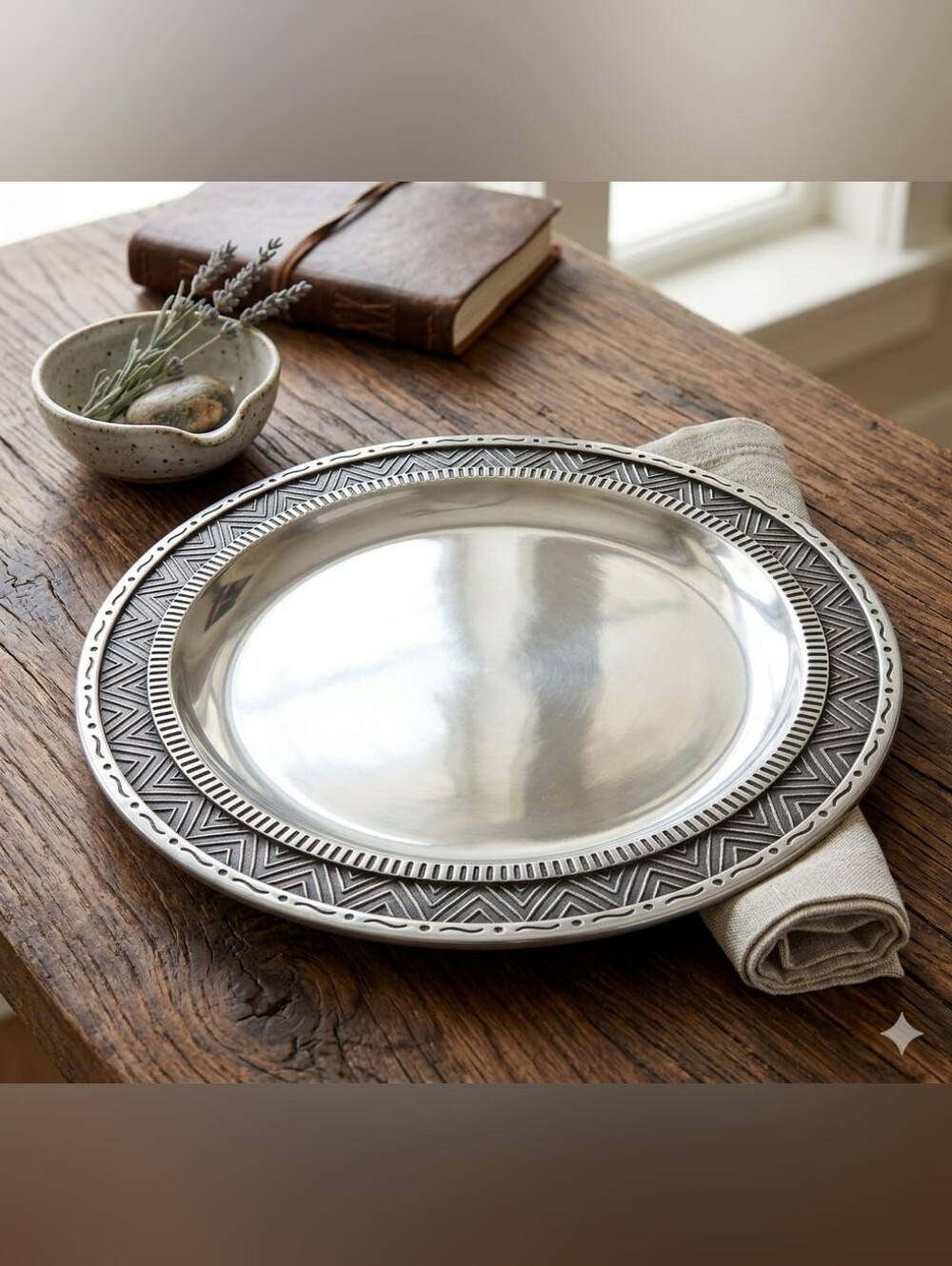 Wilton Armetale Habitat Silver Decorative Serving Platter with Geometric Rim